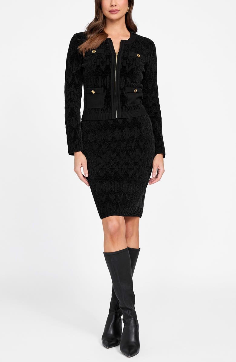 Marciano Adele Logo Jacquard Chenille Zip-Up Cardigan, Alternate, color, Jblack-Black