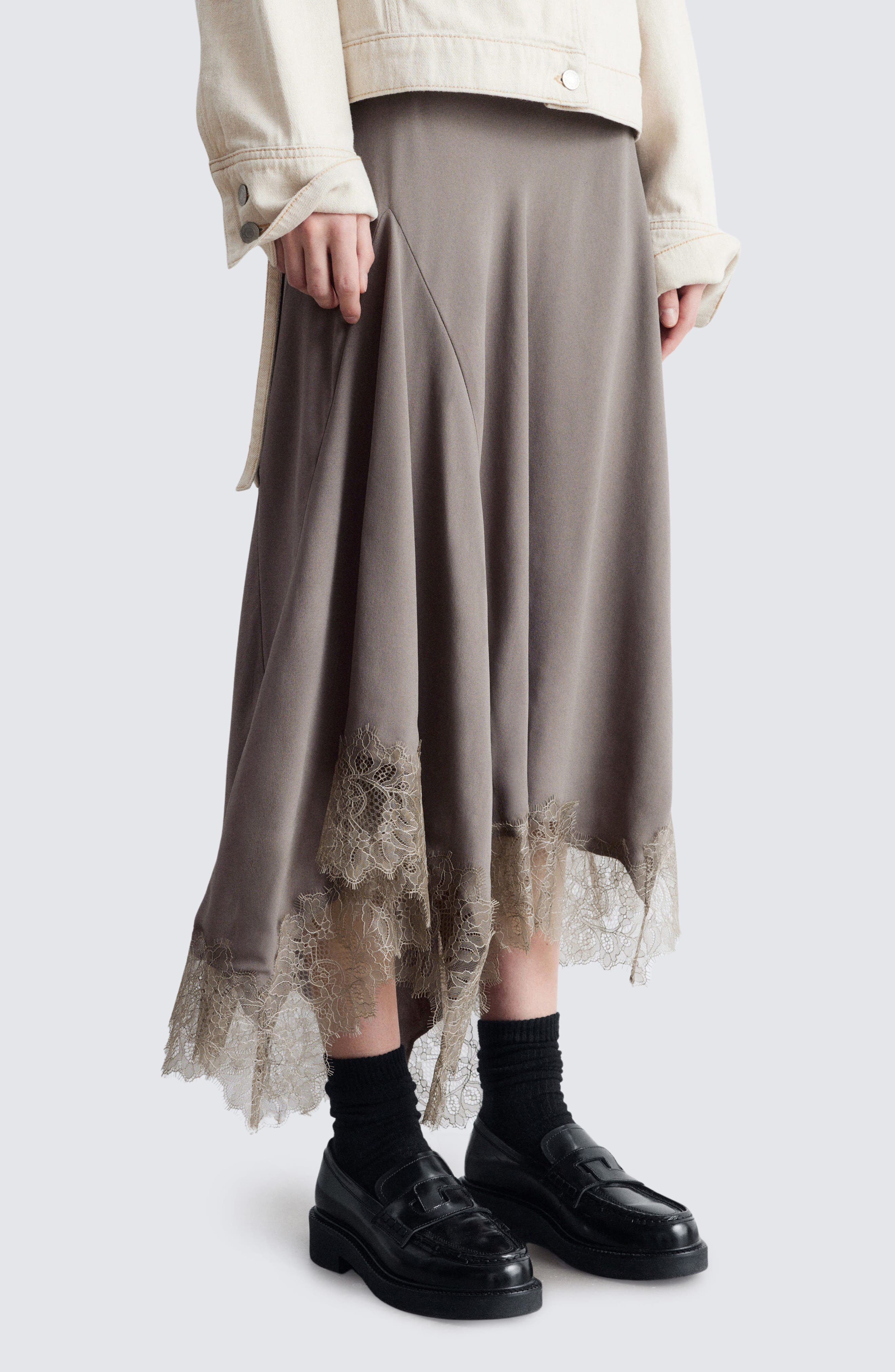 Lace Trim Handkerchief Hem Midi Skirt - image 2