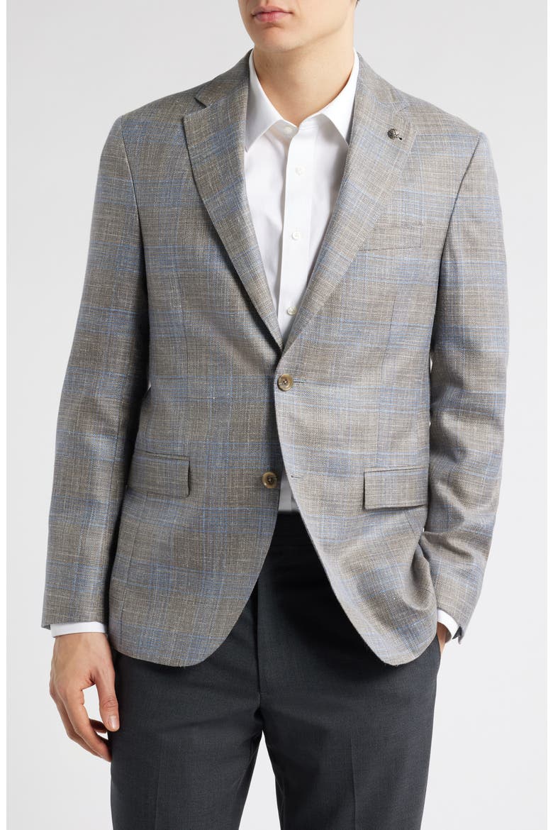Midland Contemporary Fit Plaid Slub Wool & Silk Blend Sport Coat, Main, color, LIGHT BROWN/ GREY PLAID