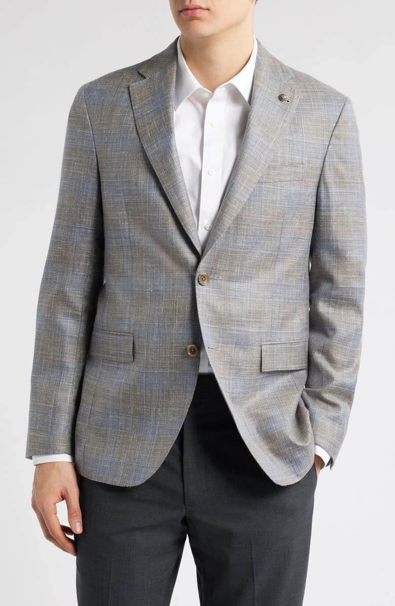 Jack Victor Midland Contemporary Fit Plaid Slub Wool & Silk Blend Sport Coat, Main, color, Light Brown/ Grey Plaid