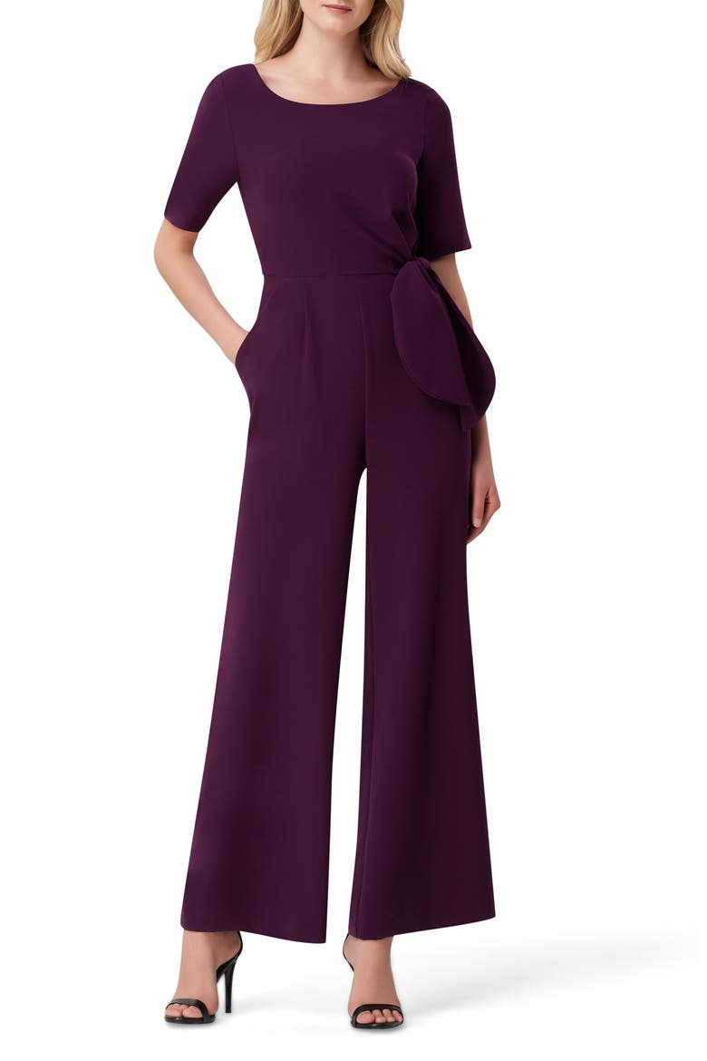 Tie Waist Crepe Jumpsuit, Main, color, AUBERGINE