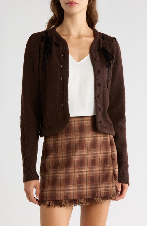 Wayf X Sara Walker Jackie Velvet Bow Cable Stitch Cardigan In Brown