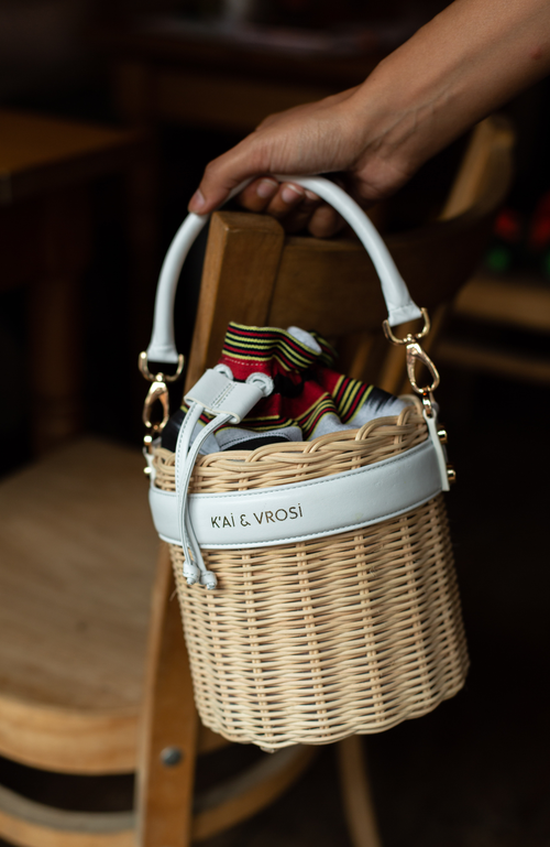 Kai & Vrosi K'ai & Vrosi Leather & Straw Bucket Bag With Drawstring In White