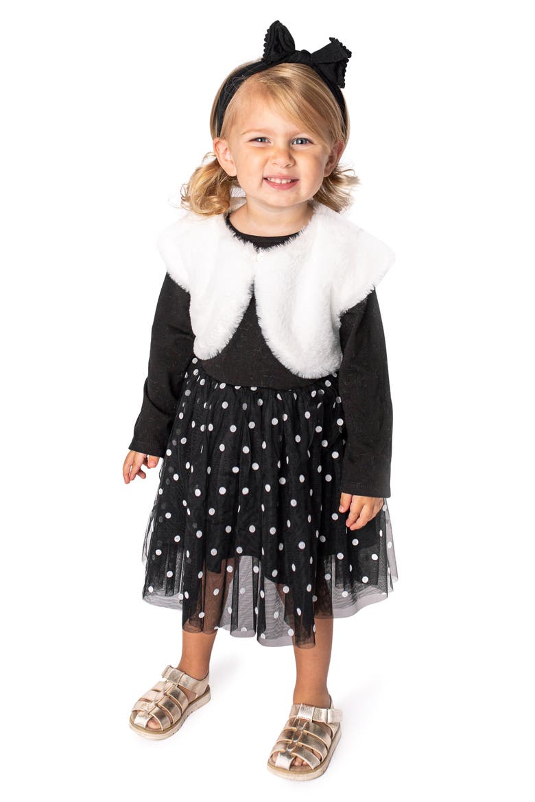 Kids' Knit & Tulle Dress with Faux Fur Bolero, Main, color, BLACK