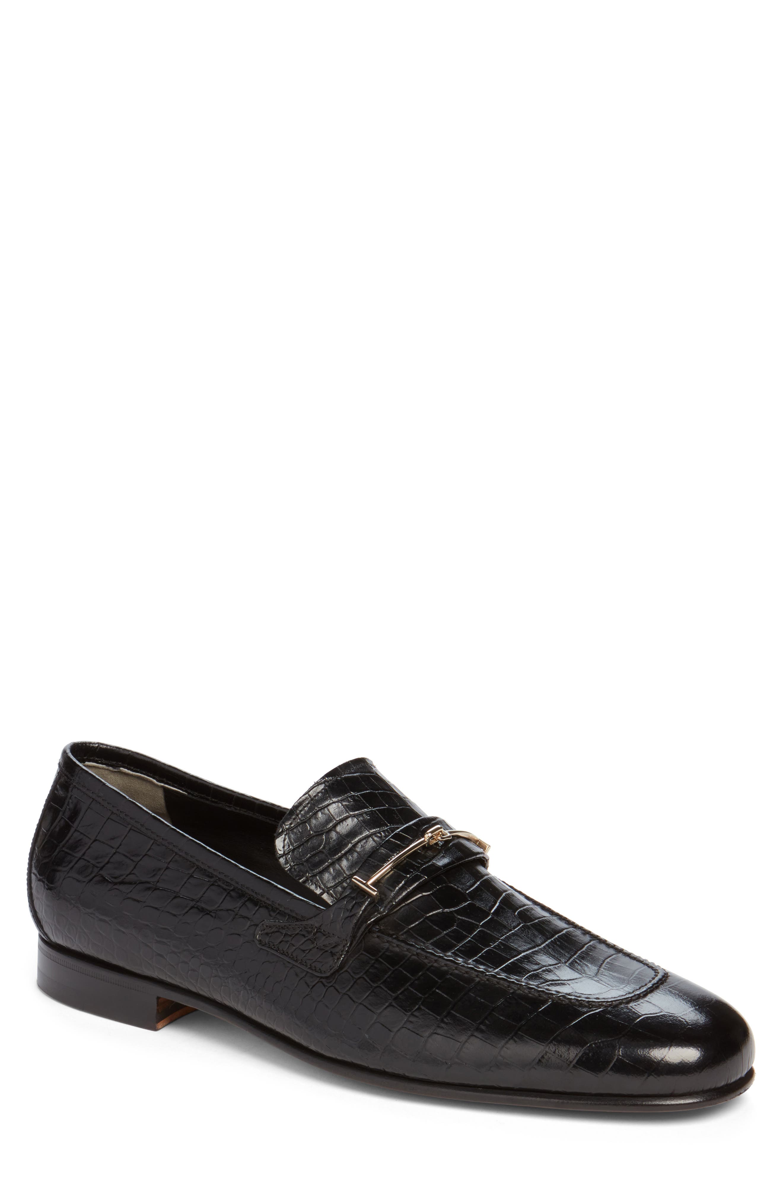 Gigi Double T Bit Alligator Embossed Loafer, Main, color, NAA BLACK