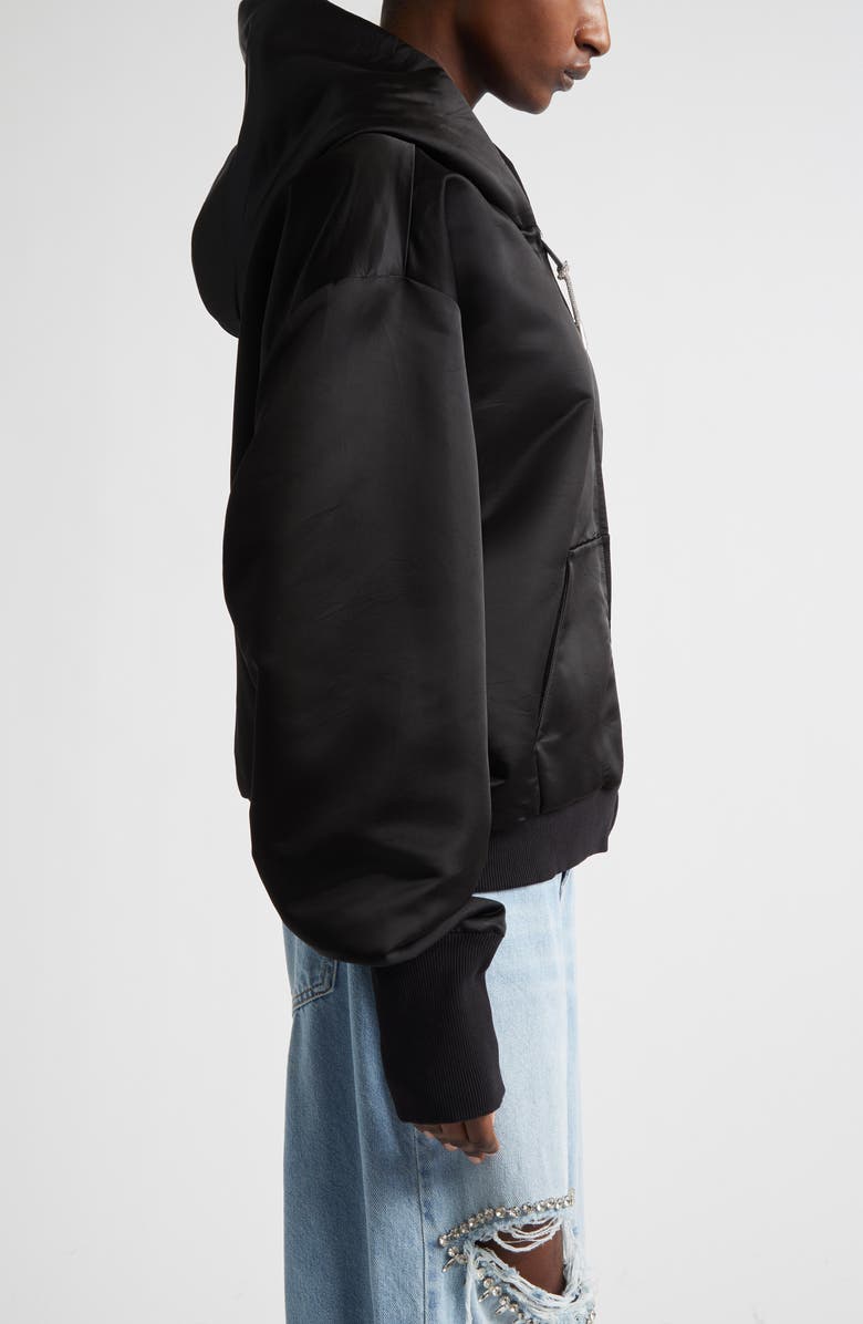 Area Crystal Knot Satin Full Zip Hoodie, Alternate, color, Black