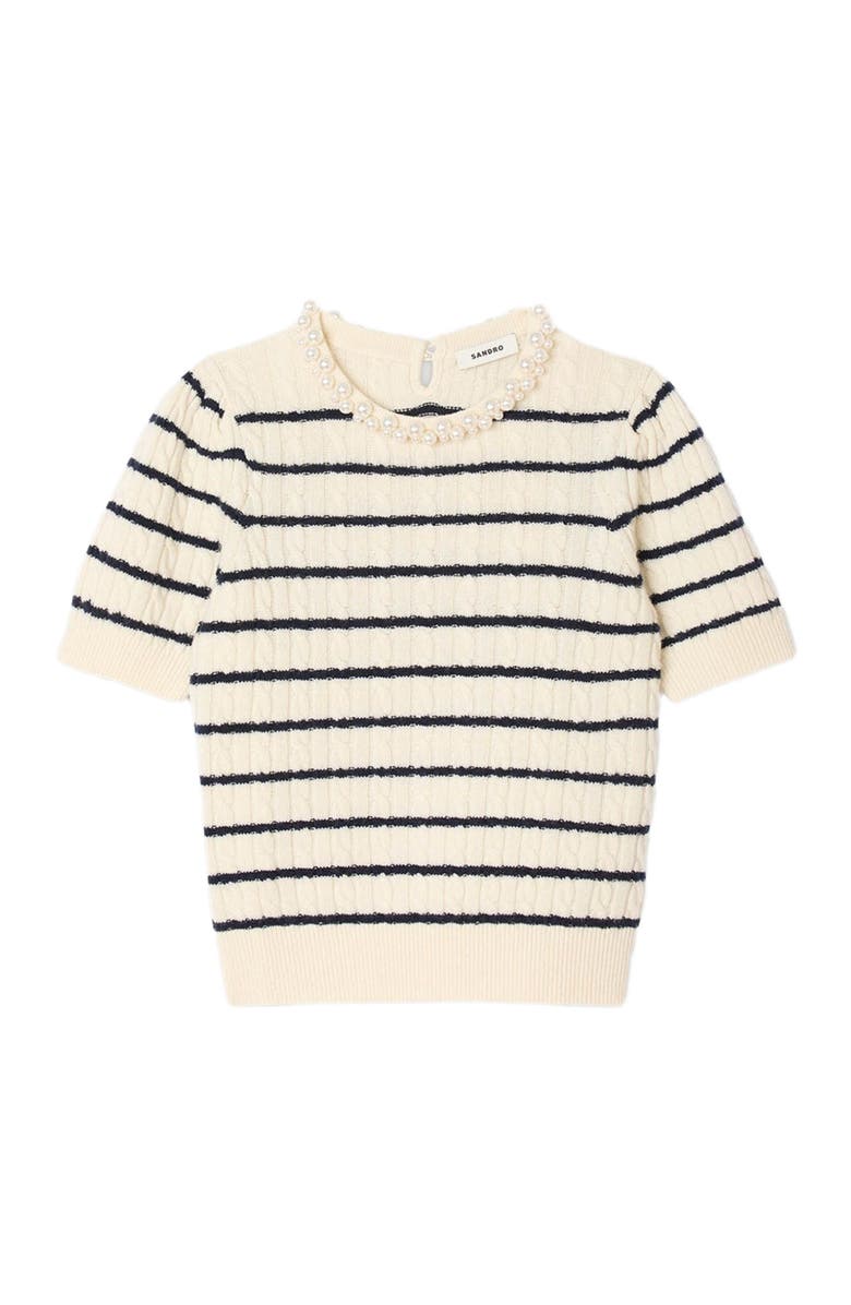 SANDRO Striped sweater with pearl collar, Alternate, color, Ecru