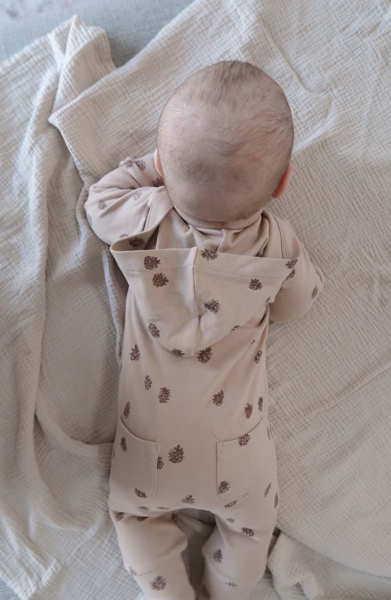 L'ovedbaby Print Organic Cotton Hooded Romper, Alternate, color, Oatmeal Pinecone
