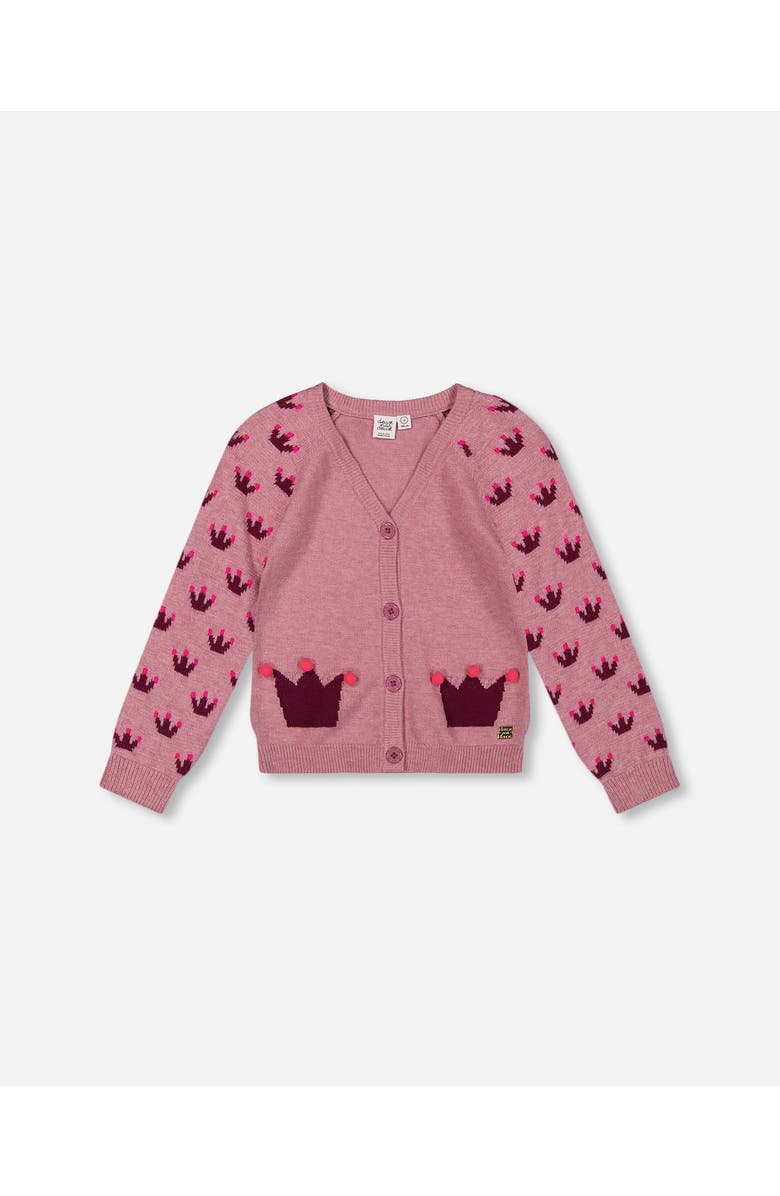 Deux par Deux Girl's Jacquard Sleeve Knitted Long Cardigan Lavender, Main, color, 