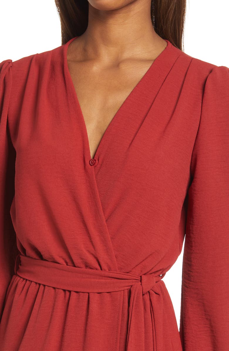 Fraiche by J Long Sleeve Faux Wrap Dress, Alternate, color, Rust