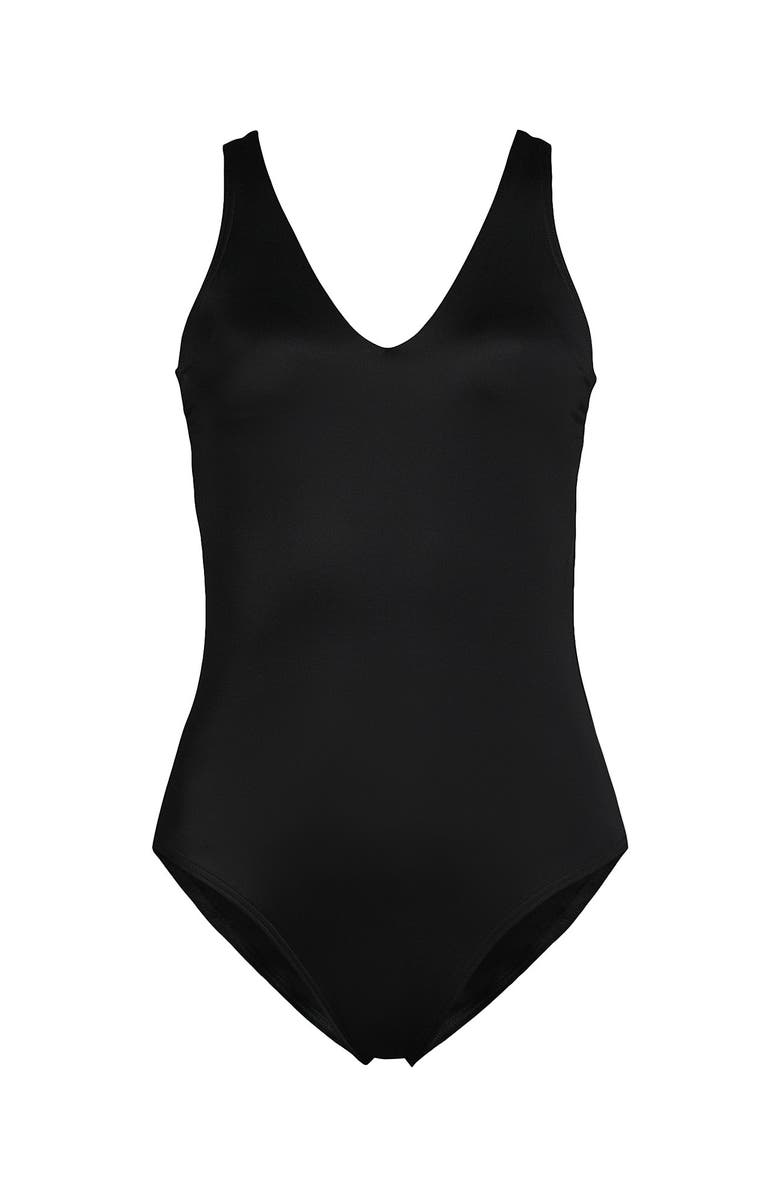Lands' End Plus Size Tugless V-Neck High Leg One Piece Swimsuit, Alternate, color, Black