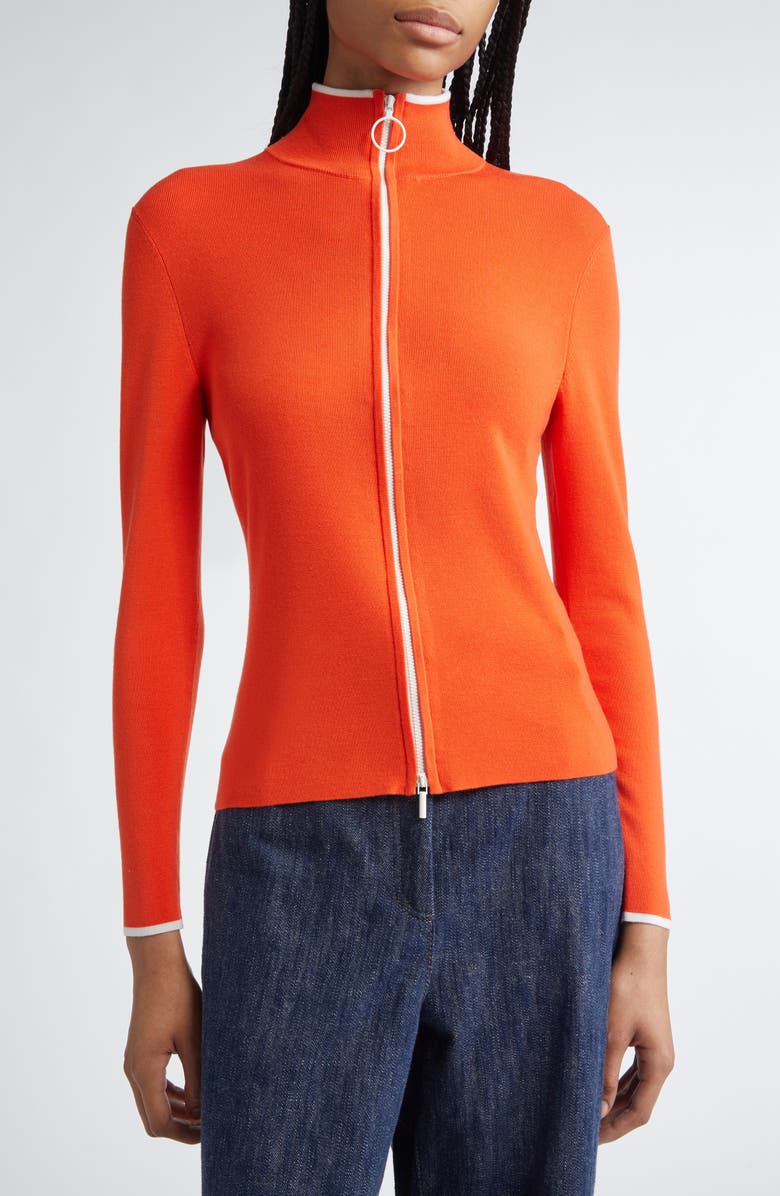Akris punto Contrast Trim Virgin Merino Wool Zip Front Cardigan, Alternate, color, Orange/ Cream