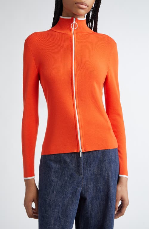Akris Punto Contrast Trim Virgin Merino Wool Zip Front Cardigan In Orange