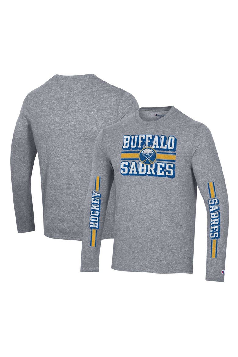 Men's Champion Heather Gray Buffalo Sabres Tri-Blend Dual-Stripe Long Sleeve T-Shirt, Main, color, Heather Gray