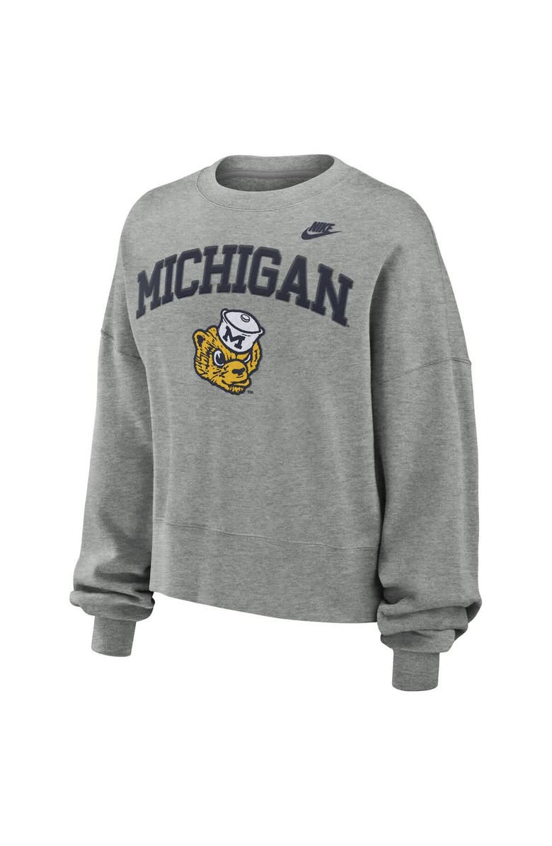Nike Women's Nike Heather Gray Michigan Wolverines Legacy Fleece Classic Arch Oversized Cropped Tackle Twill Sweatshirt, Alternate, color, Heather Gray
