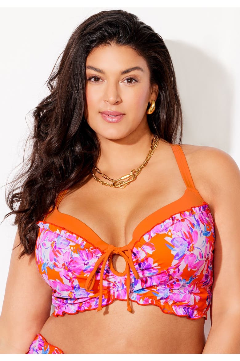 Longline Bra Sized Lettuce Trim Bikini Top, Alternate, color, Tangerine Floral