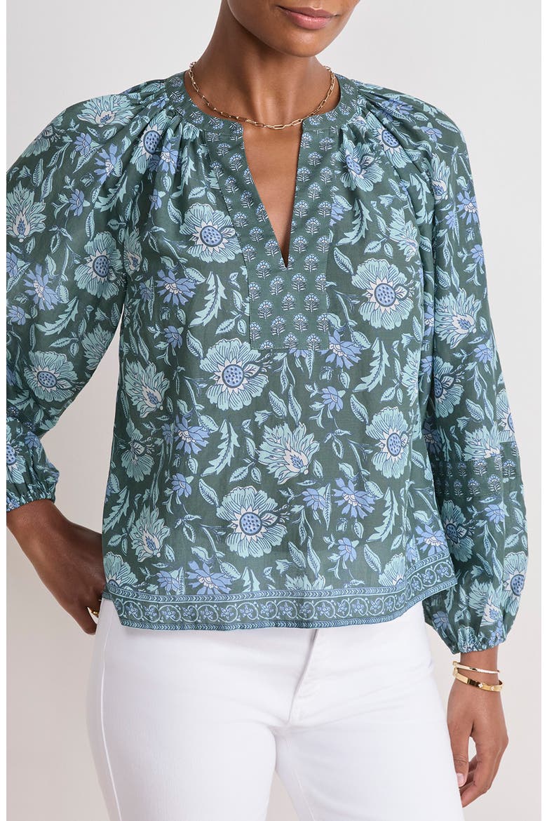 Print Split Neck Popover Top, Main, color, EDIE FLORAL BALSAM