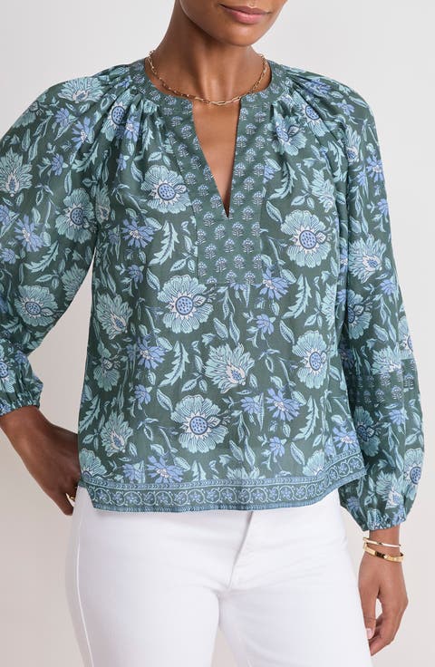 Print Split Neck Popover Top