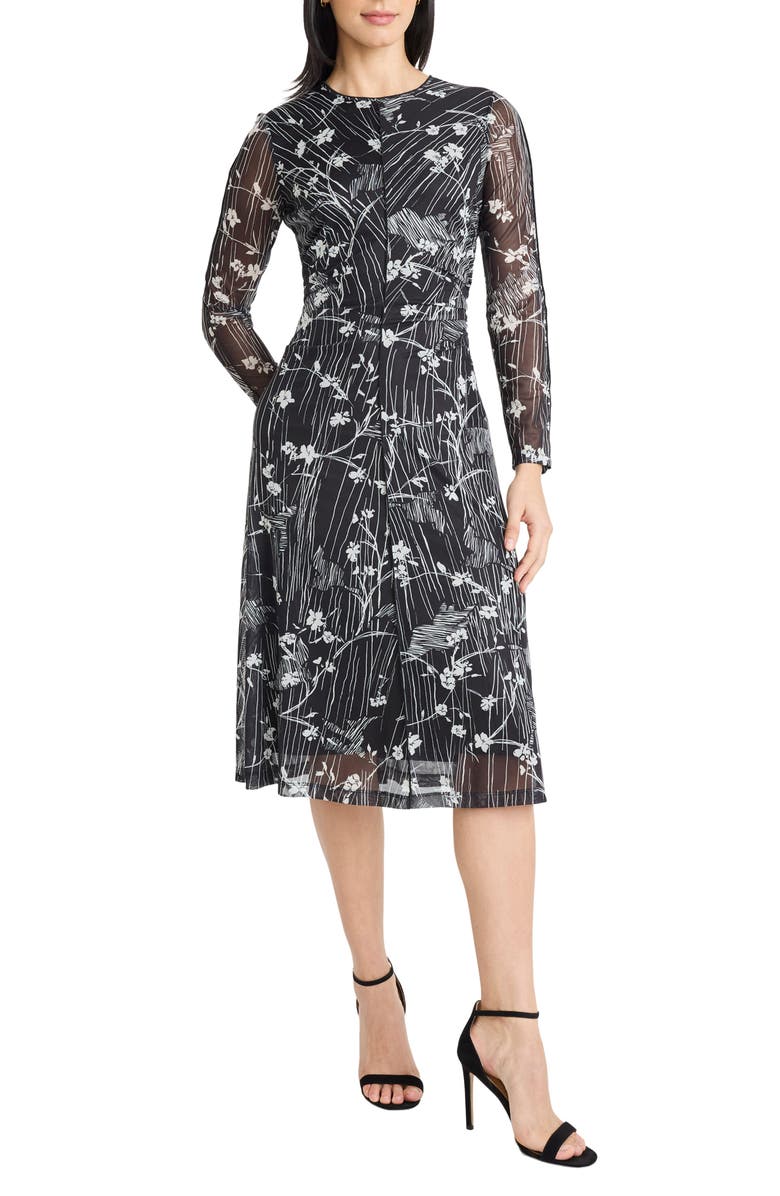 Maggy London Long Sleeve Mesh Midi Dress, Main, color, Black/ Ivory