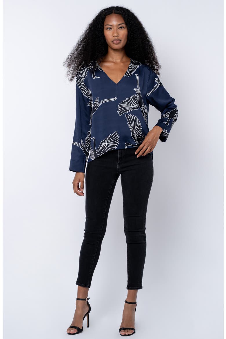 Jones Bird Print V-Neck Top, Alternate, color, NAVY MULTI