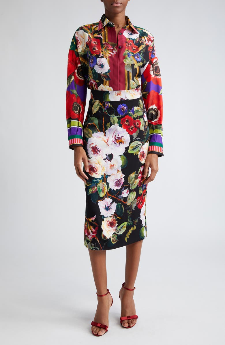 Dolce&Gabbana Floral Silk Twill Button-Up Shirt, Alternate, color,