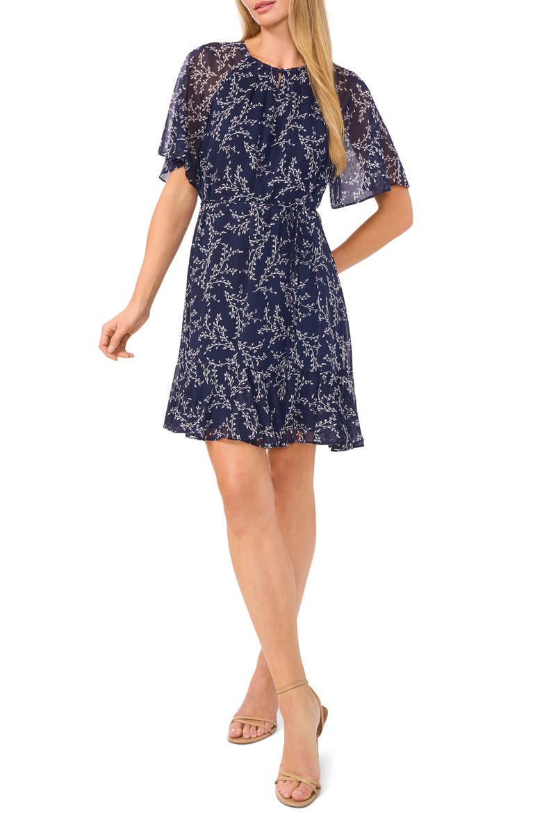 CeCe Floral Flutter Sleeve Ruffle Hem Dress, Main, color, Classic Navy
