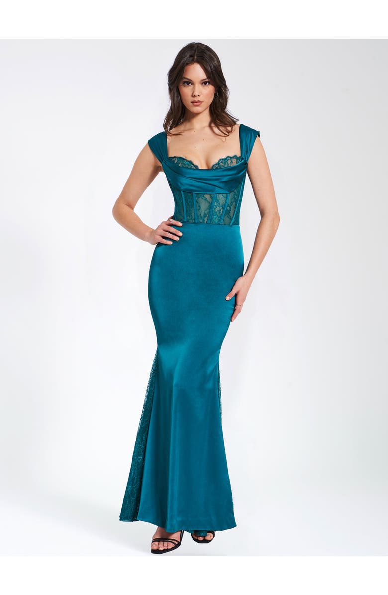 Miss Circle Callista Satin Lace Corset Maxi Dress, Alternate, color, Teal