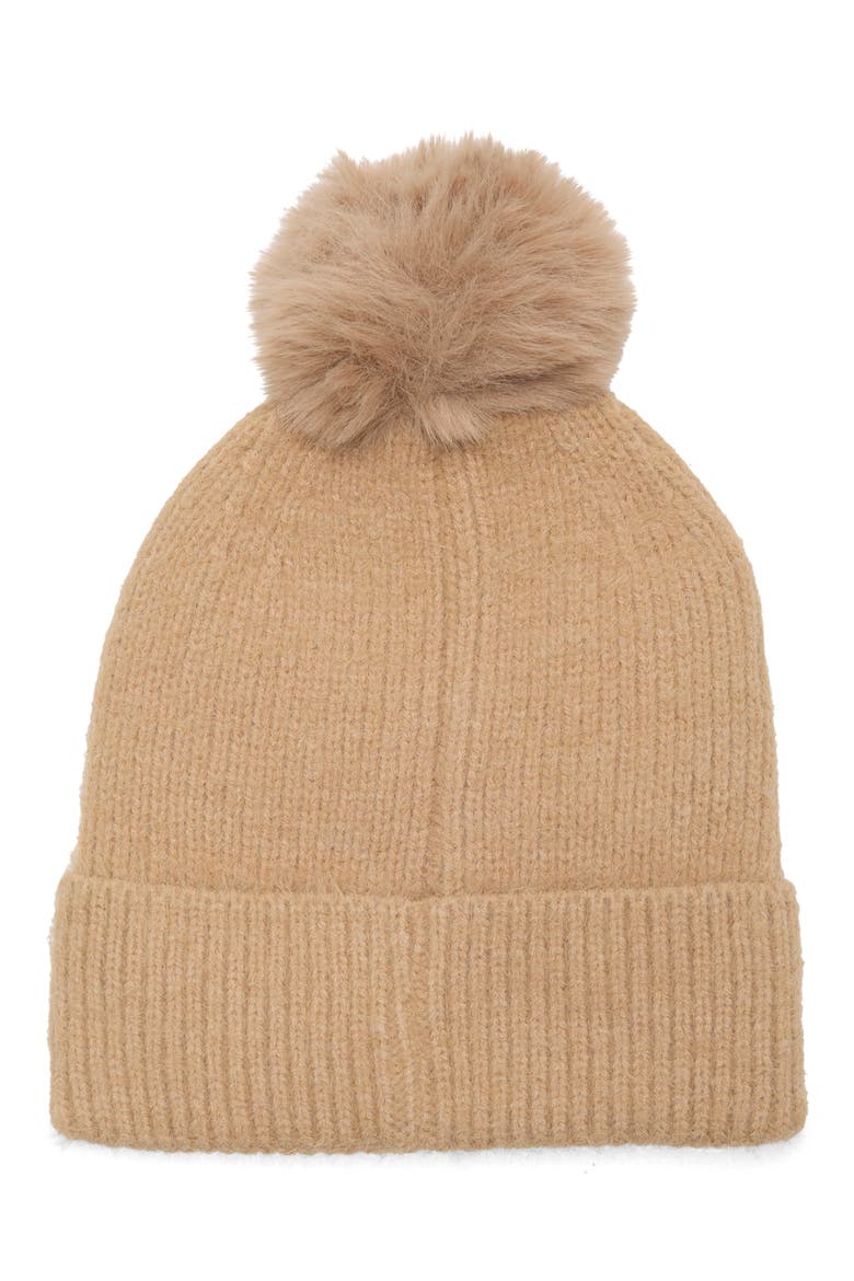 Gold Stud Faux Fur Pom Beanie, Main, color, TAUPE