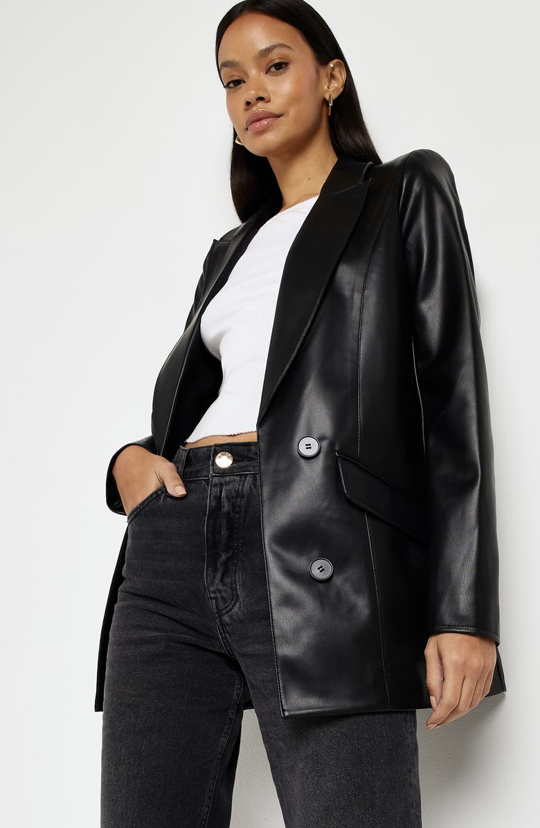 River Island Double Breasted Faux Leather Blazer, Alternate, color,