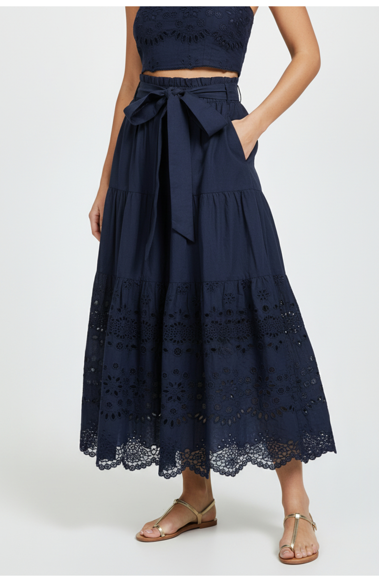 Change of Scenery Jenni Tiered Belted Eyelet Smock Waist Skirt, Main, color, Navy Calypso Eyelet