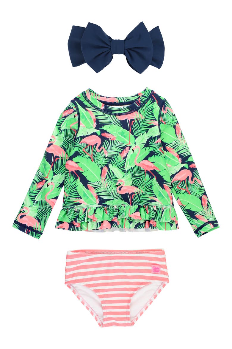 Kids' Long Sleeve Two-Piece Rashguard Swimsuit & Hat Set, Main, color, FLAMINGO FRENZY