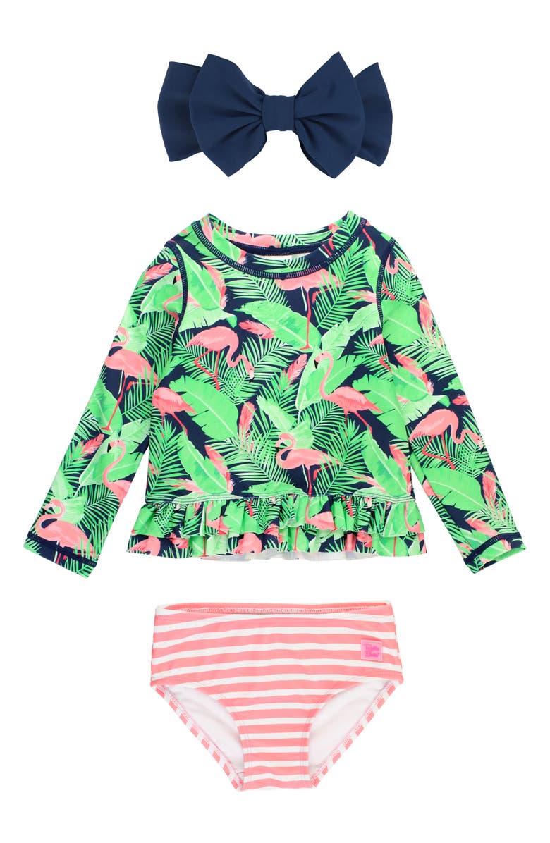 RuffleButts Kids' Long Sleeve Two-Piece Rashguard Swimsuit & Hat Set, Main, color, Flamingo Frenzy