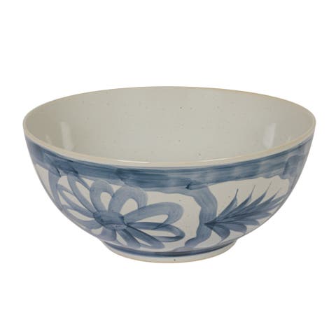 Hand Painted Stoneware Bowl With Floral Design, Blue And White