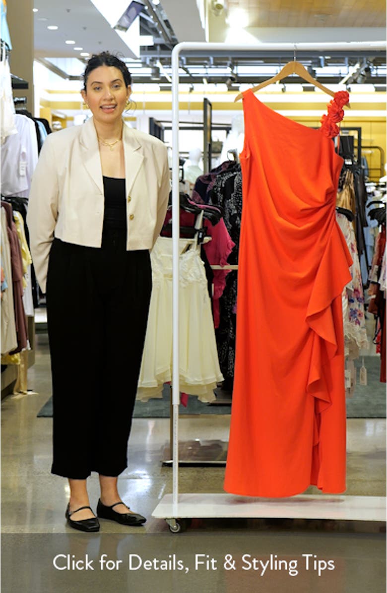 Floral Strap Ruffle Detail Stretch Crepe Gown, sales video thumbnail