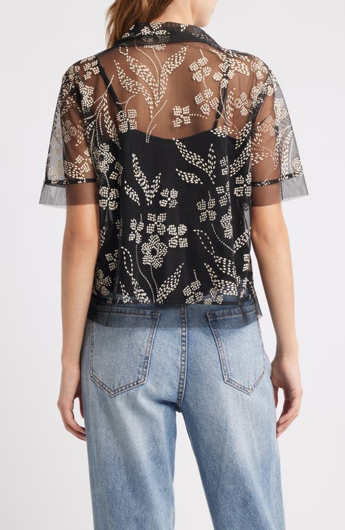 The Great . The Cotillion Embroidered Tulle Short Sleeve Button-up Shirt In Black