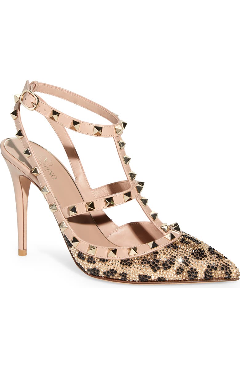 Valentino Garavani Rockstud Crystal Leopard Spot Pointed Toe T-Strap Pump, Main, color,