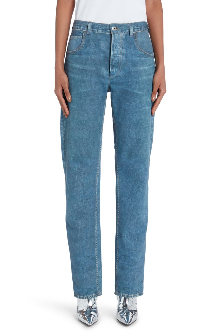 Denim Print High Waist Leather Jeans, Main, color, 4600 MEDIUM BLUE DENIM