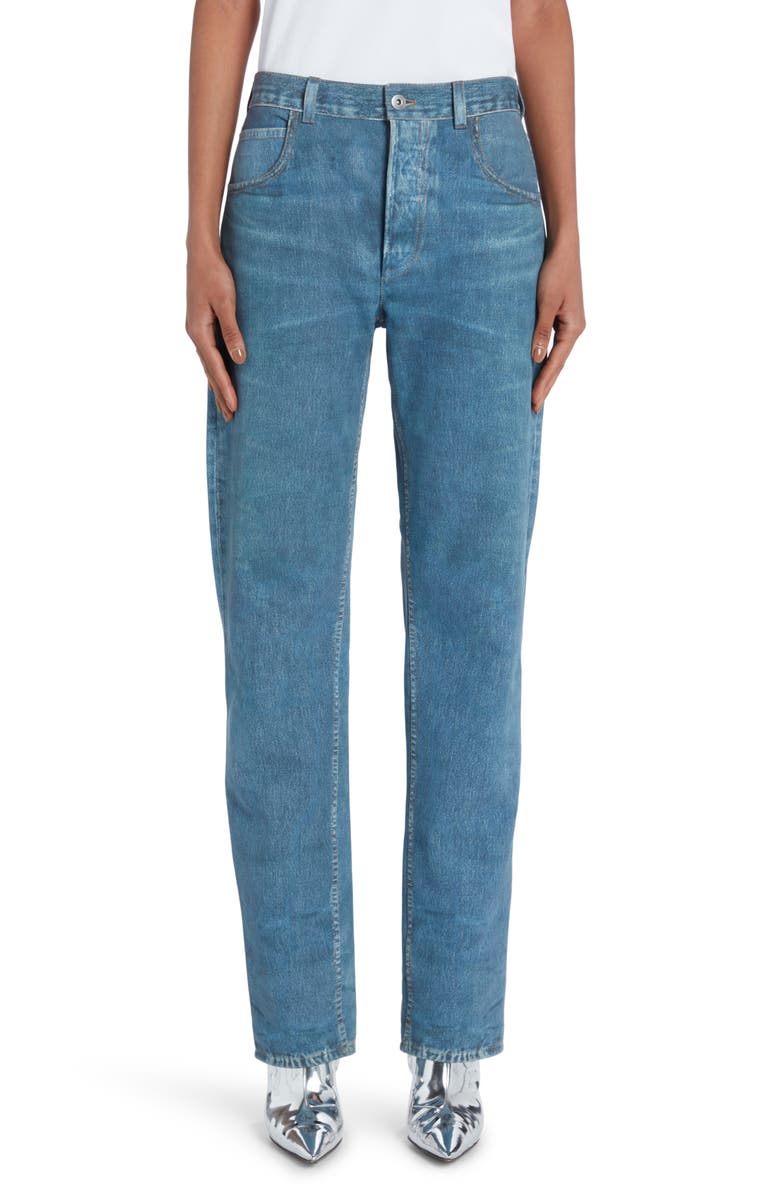 Bottega Veneta Denim Print High Waist Leather Jeans, Main, color, 