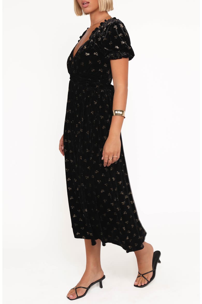 Farryn Floral Velvet Puff Sleeve Midi Dress, Alternate, color, BLACK/ GOLD VELVET