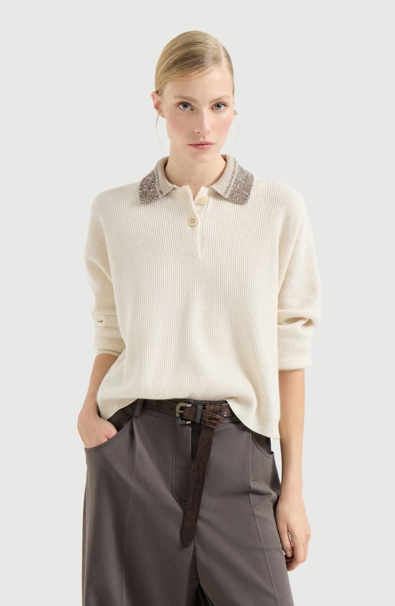 Brunello Cucinelli Polo with dazzling collar, Alternate, color, Beige
