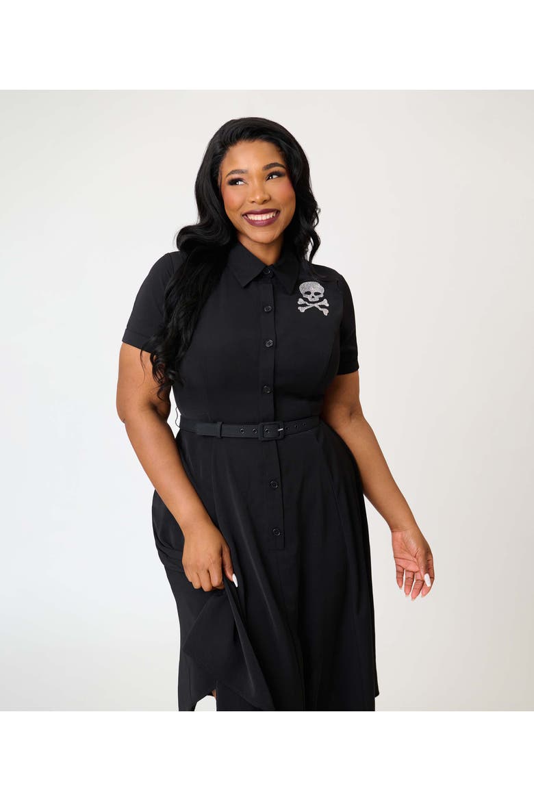 Plus Size 1940s Shirt Dress, Alternate, color, Black & Rhinestone Skull