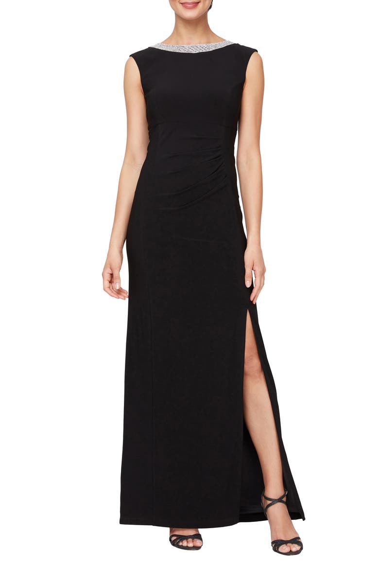 Embellished Neck Sleeveless Jersey Gown, Main, color, BLACK
