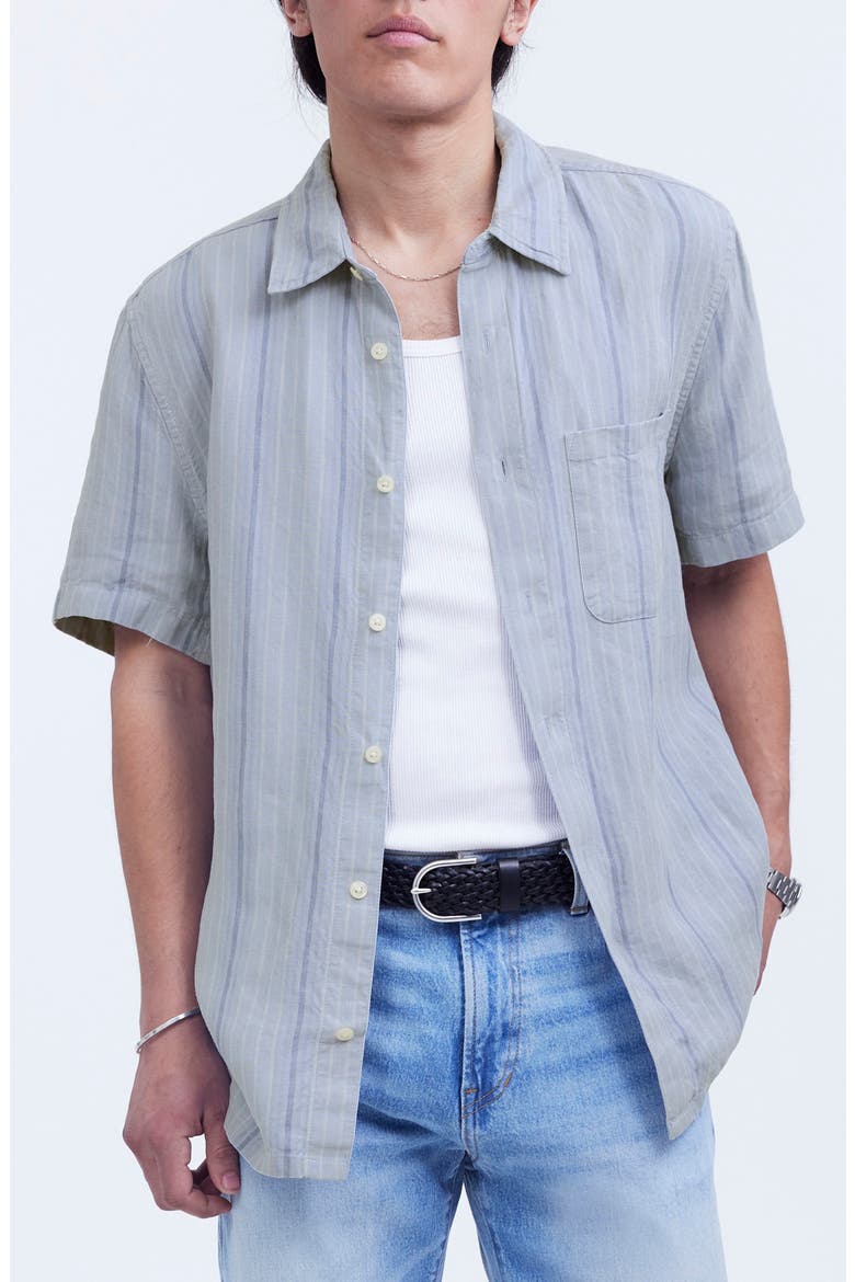 Easy Stripe Short Sleeve Linen Button-Up Shirt, Main, color, DUSTY POOL