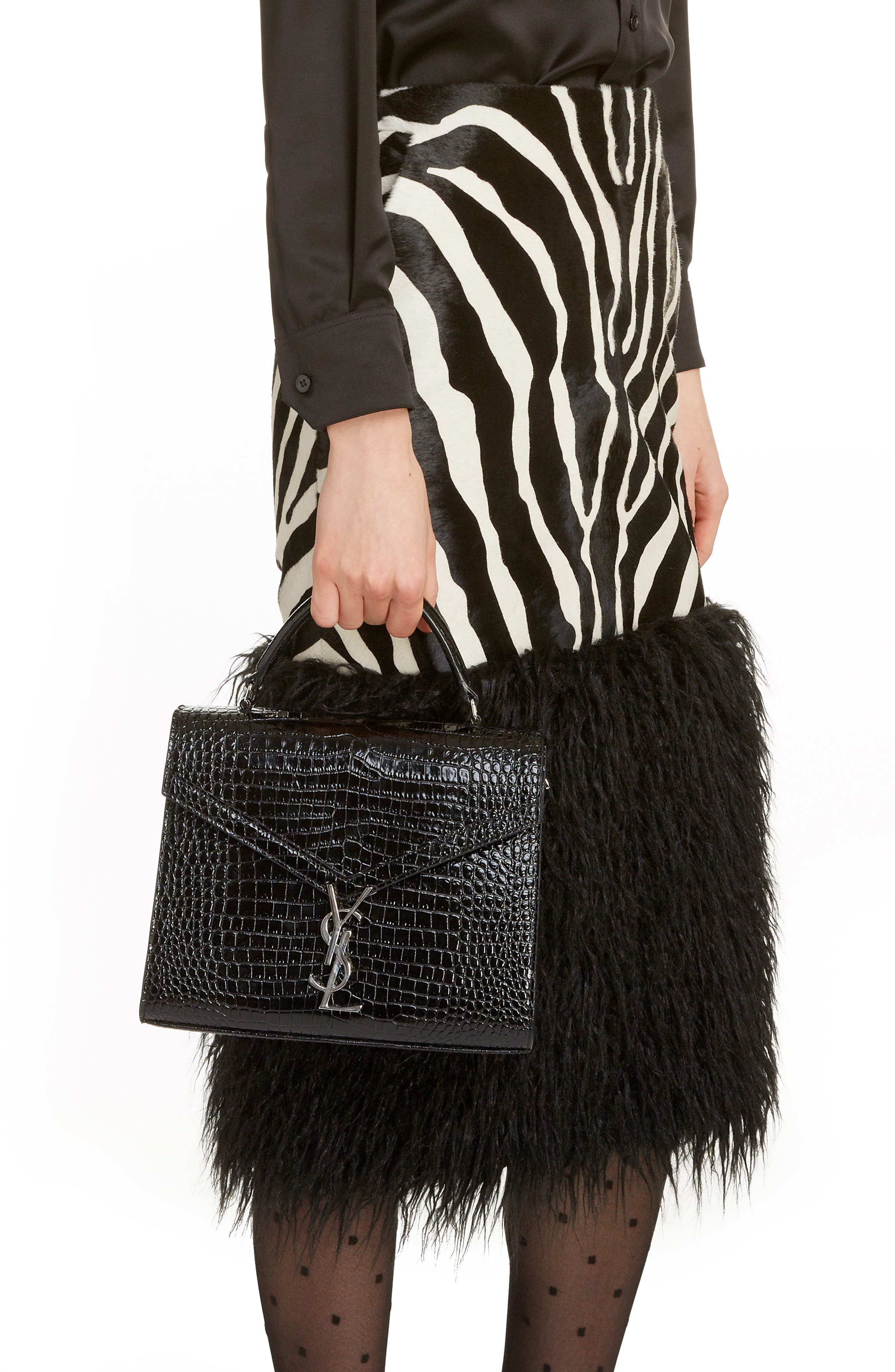 Saint Laurent Medium Cassandra Croc Embossed Calfskin Satchel, Alternate, color, 