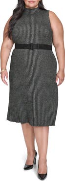 DKNY Mock Neck Sleeveless Rib Knit Midi Dress