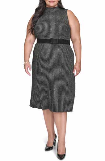 DKNY Mock Neck Sleeveless Rib Knit Midi Dress