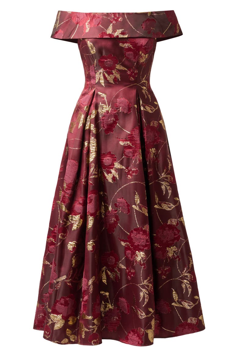 Off the Shoulder Fit & Flare Cocktail Dress, Alternate, color, BURGUNDY/ GOLD