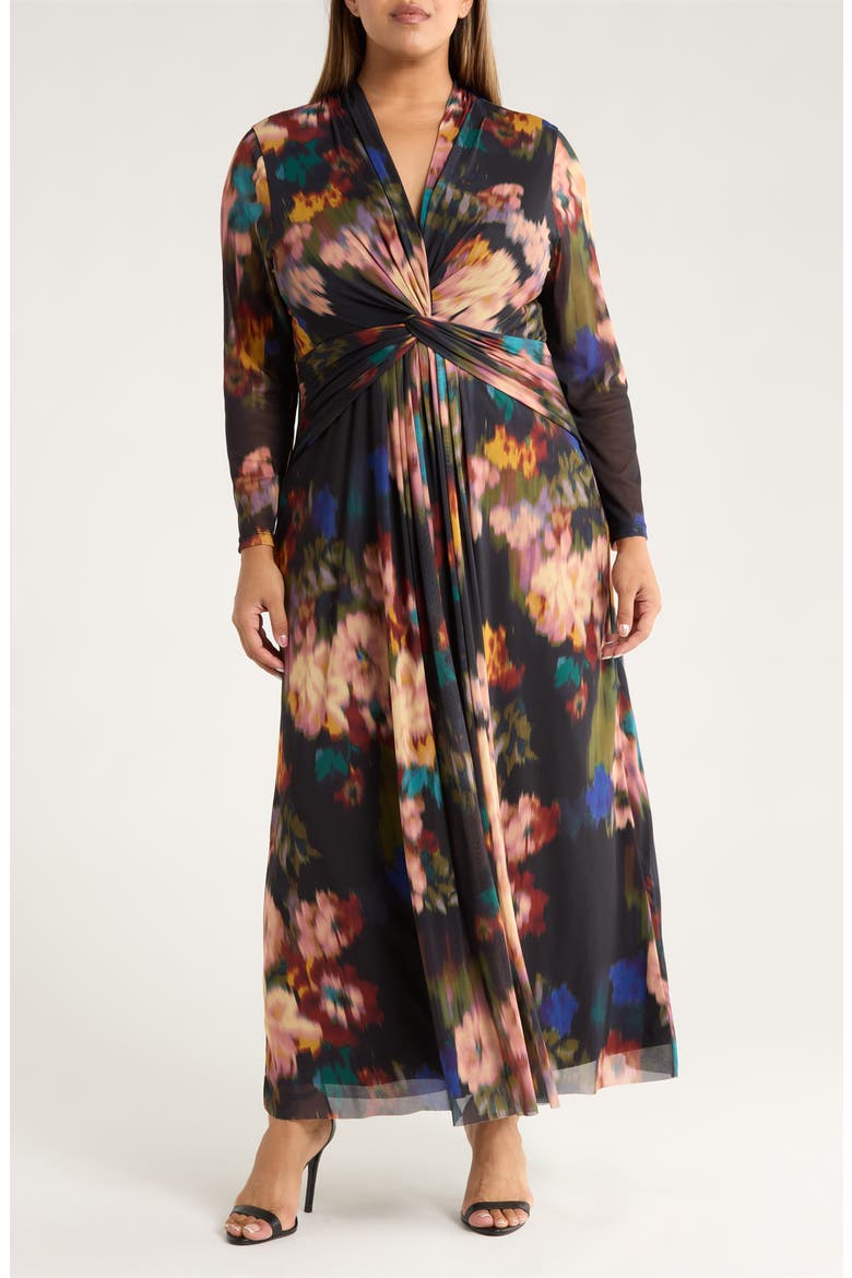 Blurred Floral Twist Front Long Sleeve Mesh Maxi Dress, Main, color, ANNE BLACK MULTI