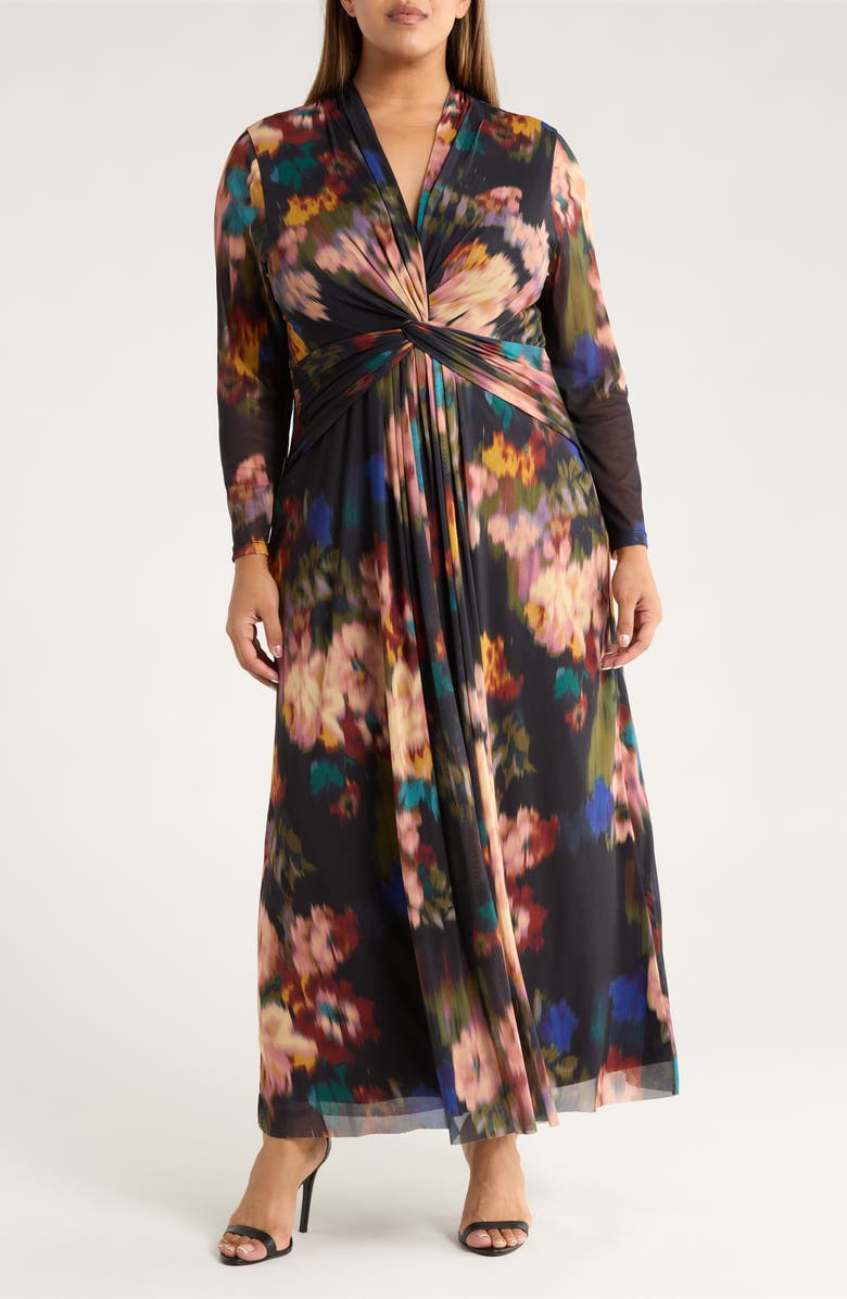 Anne Klein Blurred Floral Twist Front Long Sleeve Mesh Maxi Dress, Main, color, Anne Black Multi