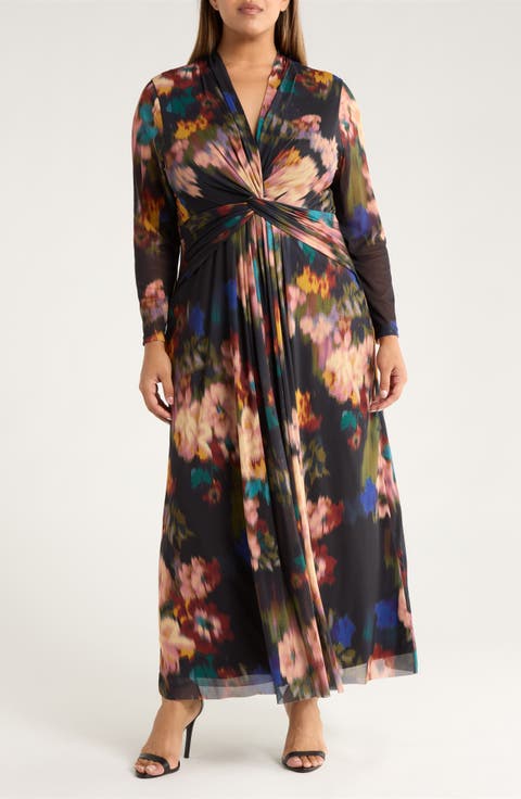Blurred Floral Twist Front Long Sleeve Mesh Maxi Dress (Plus)
